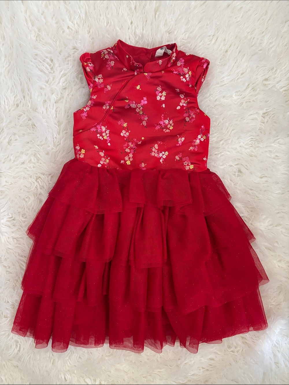 H&M Red Asian Chinese Lunar New Year Floral Satin & Layered Tulle Dress